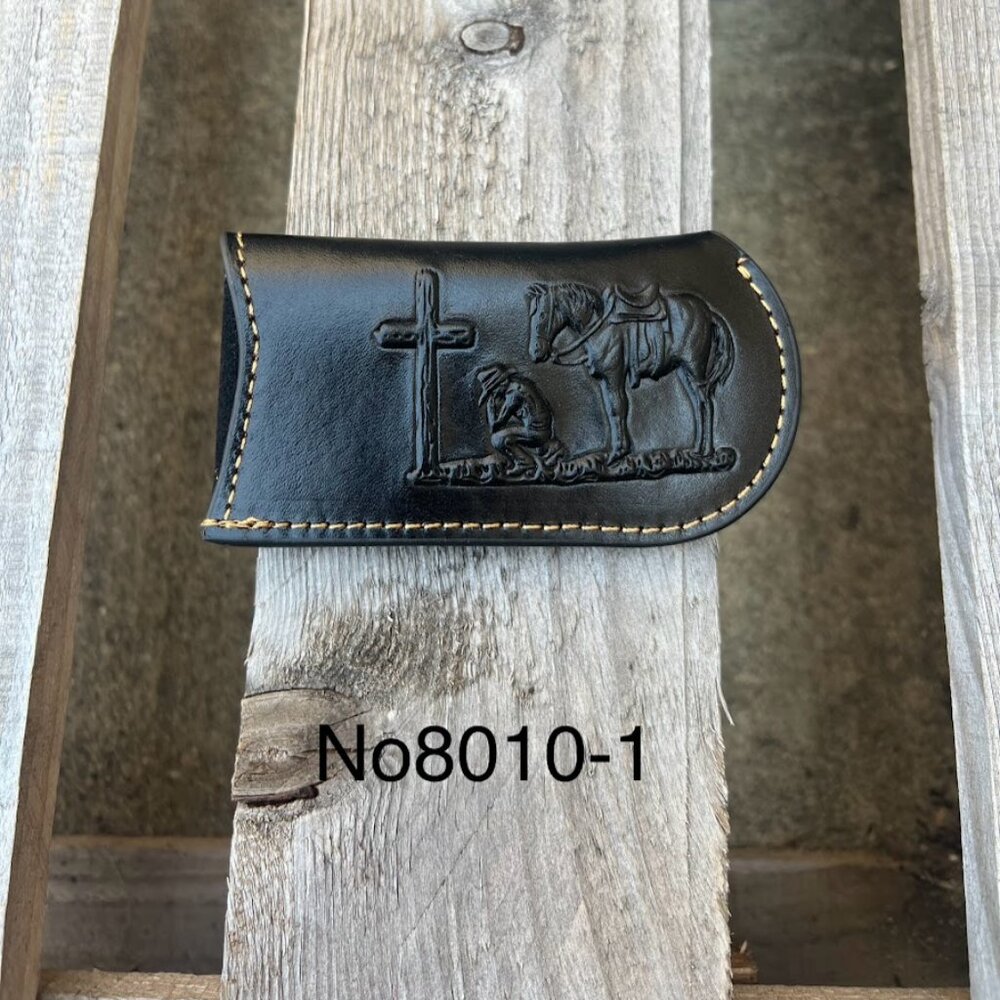 Black Leather Praying Cowboy Design Large Knife Sheath